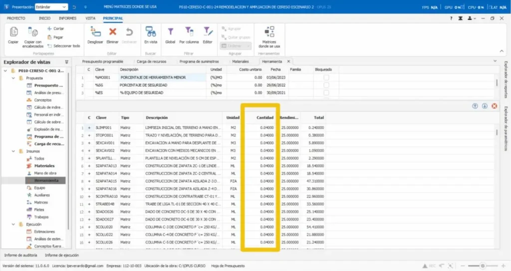 Edición masiva de insumos en matrices