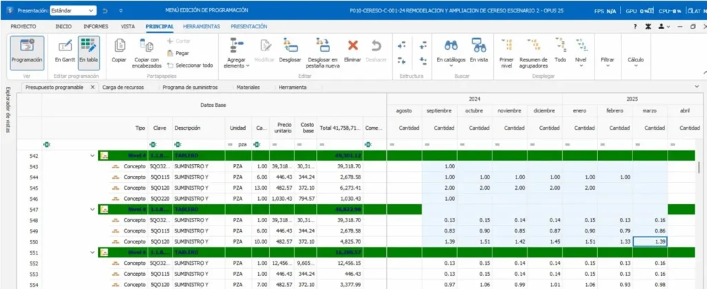 Distribución del programa en modo tabla
