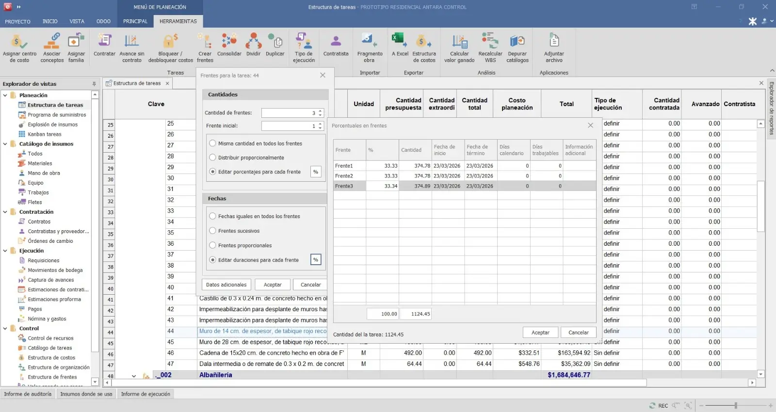 Screenshot de creación y gestión de tareas en el módulo 2 de OPUS