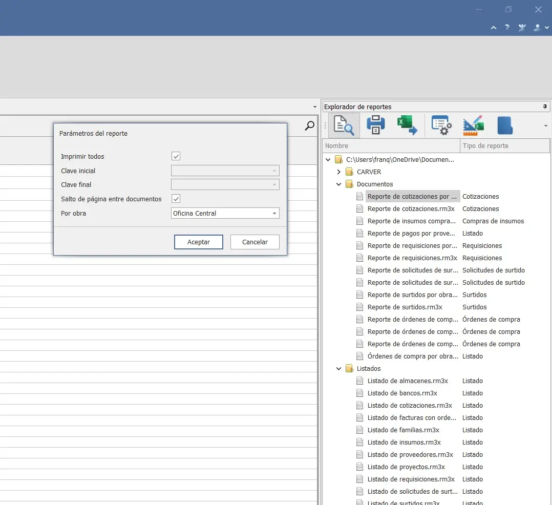 Reporte detallado por obra, organizando cotizaciones, compras de insumos, órdenes de compra, insumos y listados