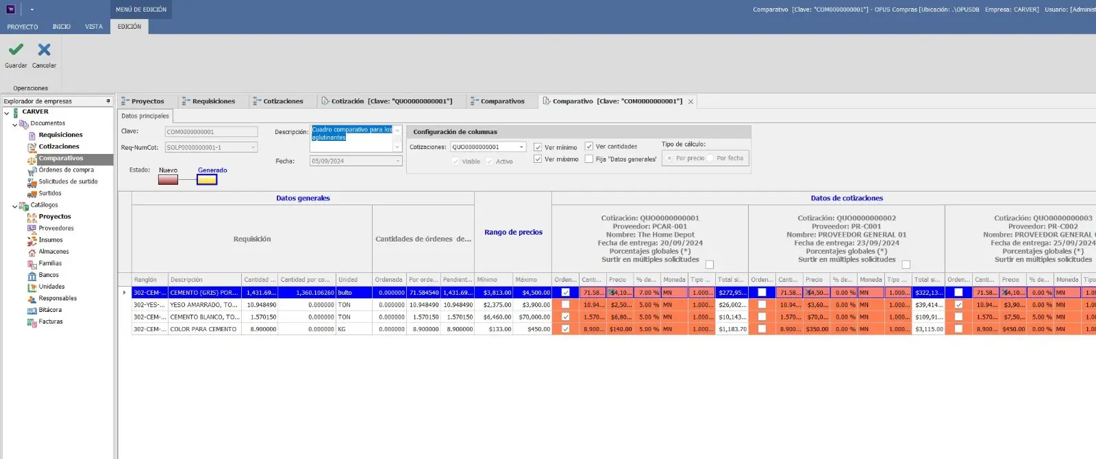 Comparativa de precios de cotizaciones de proveedores en OPUS Administración de compras