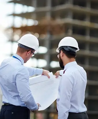 Ingeniero civil y arquitecto observando planos de obra pública
