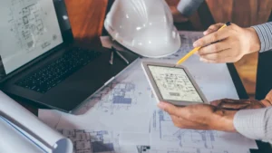 Manos revisando planos junto a una tableta y una computadora