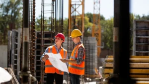 Dos trabajadores revisando planos entre columnas